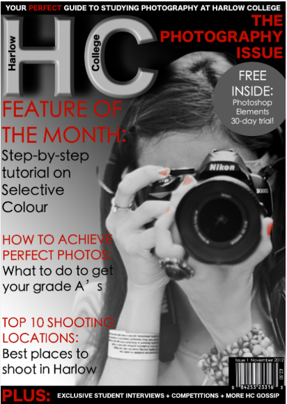 Back and White Photograph of the front cover of Harlow College magazine showing a person looking into a view finder