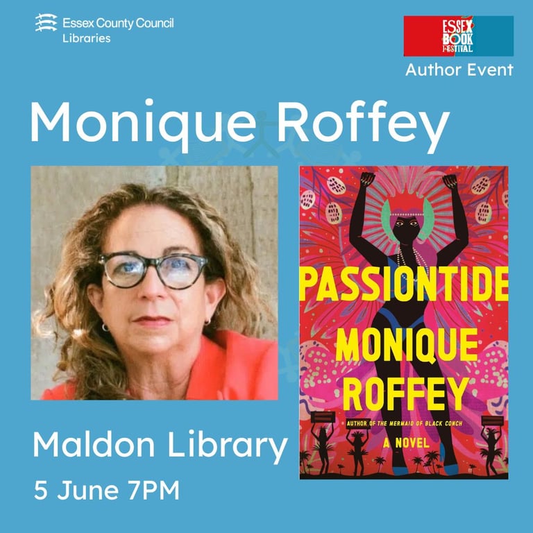 Blue Essex Book Festival event poster with Essex SEAX logo in the corner featuring an image  and title of author Monique Roffey