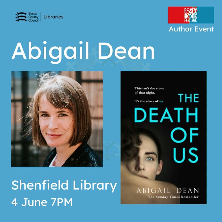 Blue Essex Book Festival event poster with Essex SEAX logo in the corner featuring an image  and title of author Abigail Dean