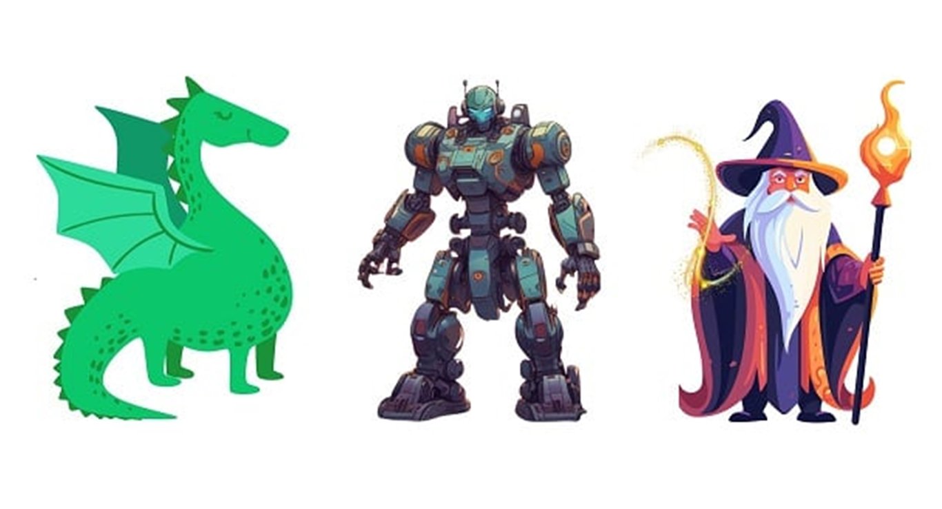 Adventure character images with a dragon, a robot and a wizard