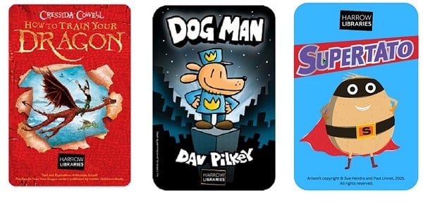 Images showing new library cards with 'How to Train Your Dragon, Dog Man and Supertato book characters