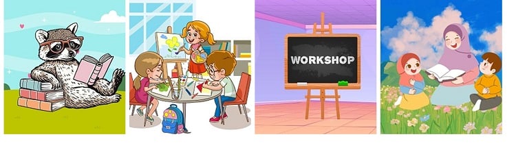 Images depicting reader, crafts, workshops and storytime