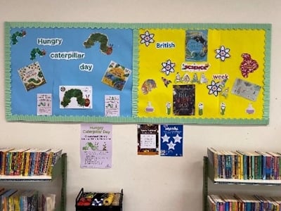 Brightly coloured display board on wall