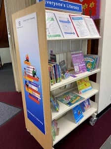 Literacy area bookshelf in library
