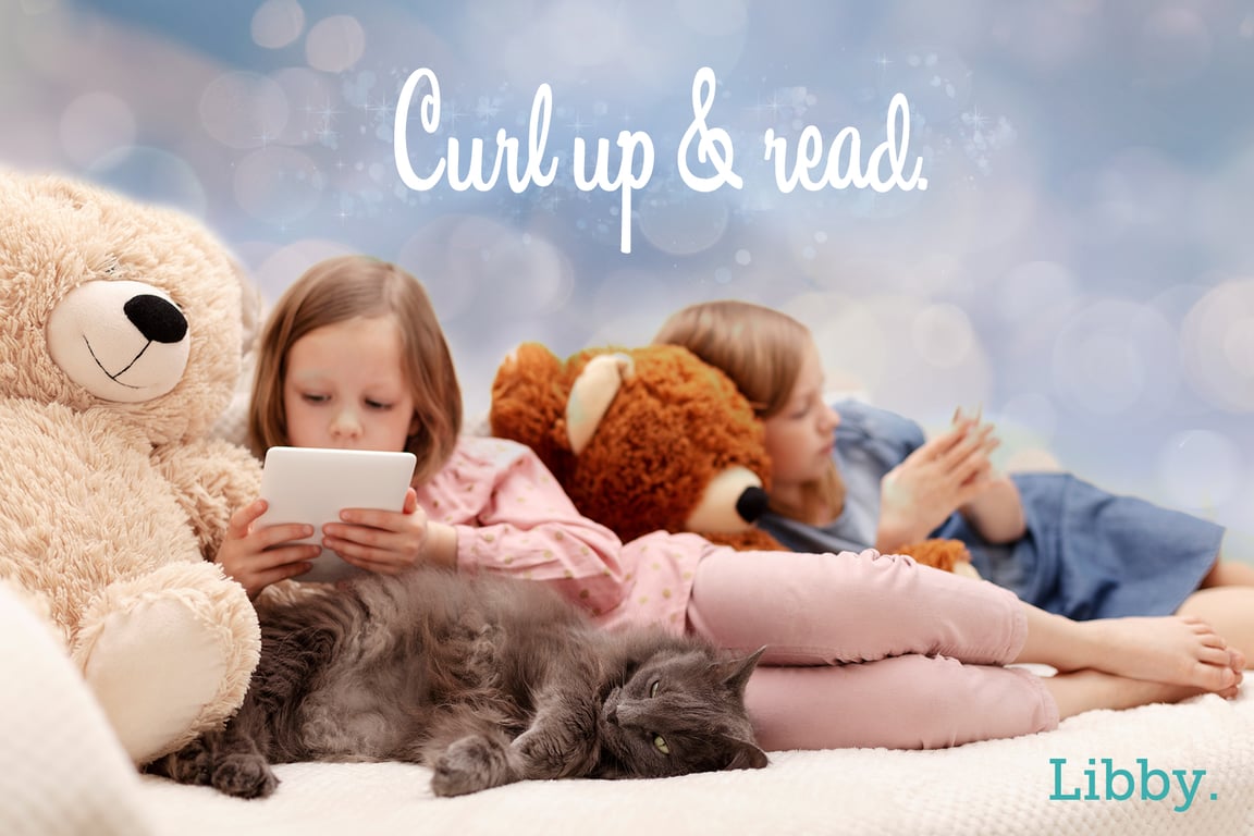 Two children laying down reading books.  Text reads curl up and read.