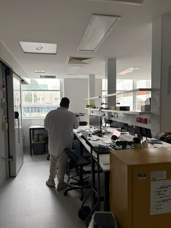 Two teammates in white coats working on computers