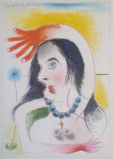 28 Portrait in Yellow, Red and Blue with Flower, Necklace and Cross 16-Feb-2024 REMOVED FROM BINDER