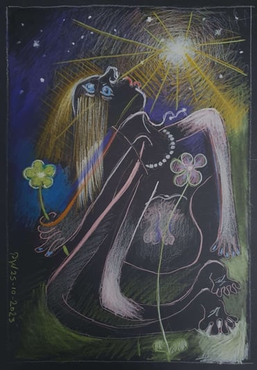 29 Mixed Gender Nude with Necklace, Moon and Two Flowers