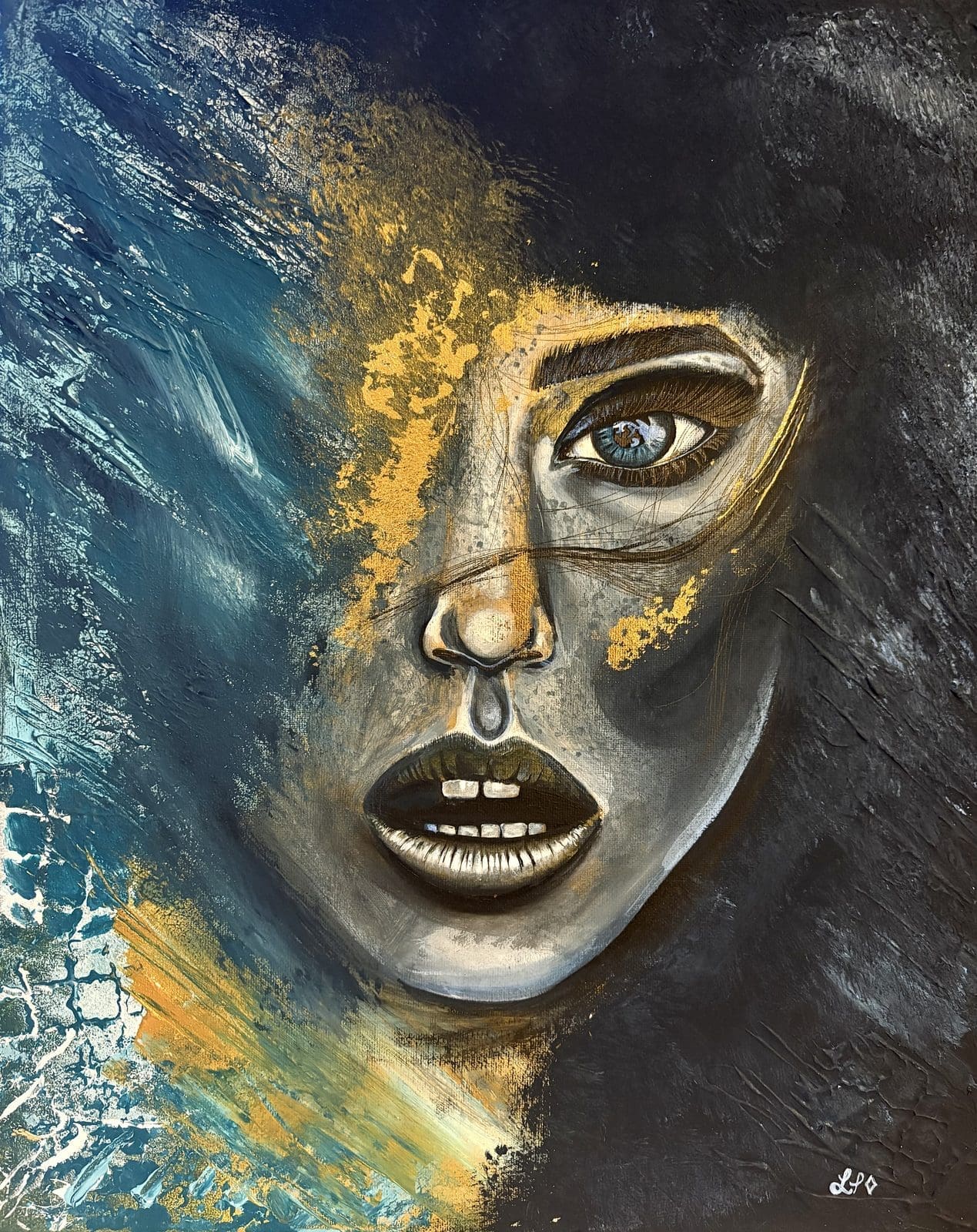 Larissa Padget striking portraiture artwork featured on London Art Fair billboard - Art On The Streets artist billboard exhibition with commanding portrait