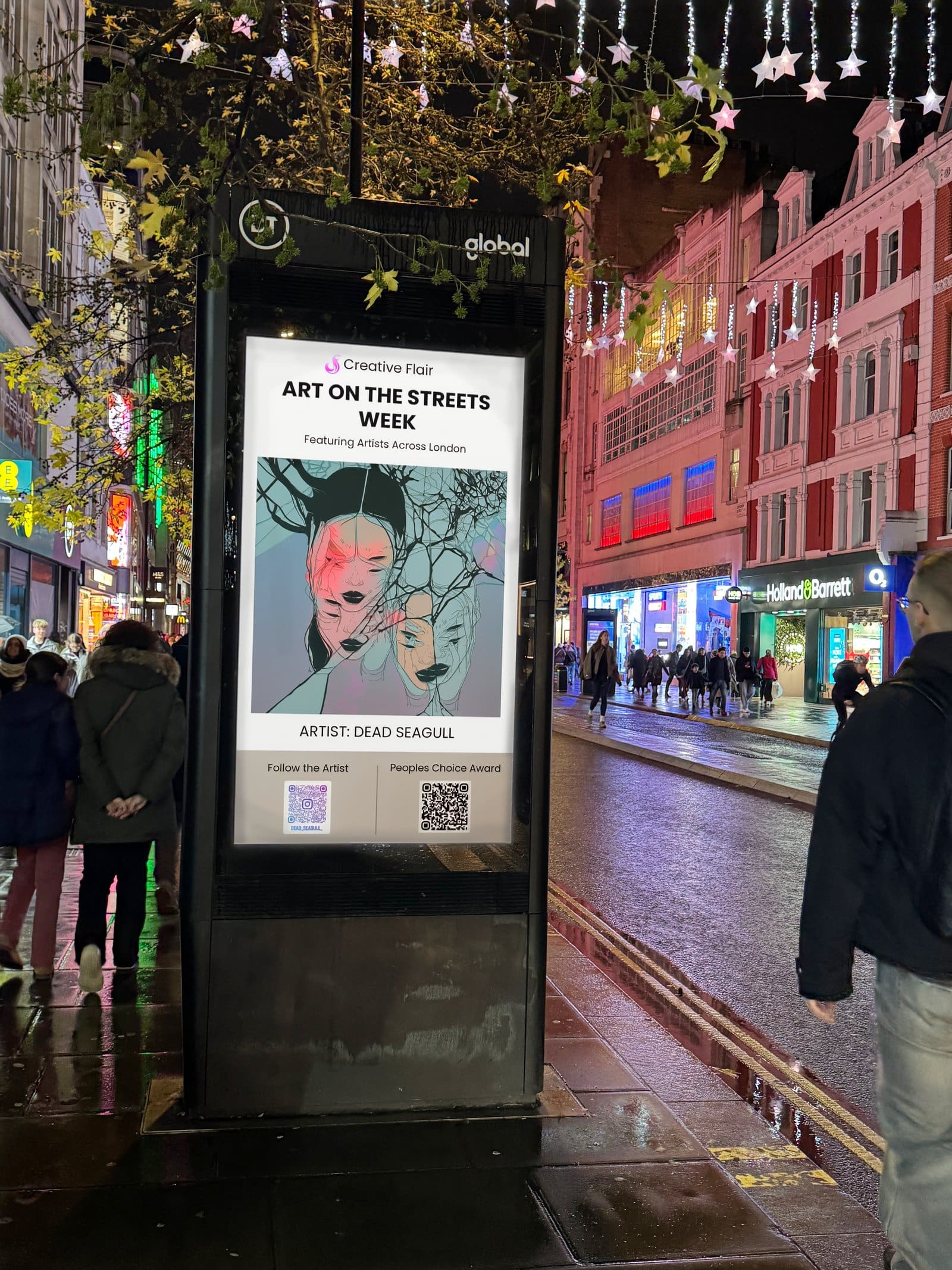 Dead Seagull wake up artwork on London billboard - Art On The Streets public art billboard