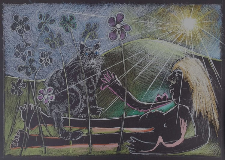 26 Tabby Cat and Young Girl in a Landscape DETACHED FROM BINDER