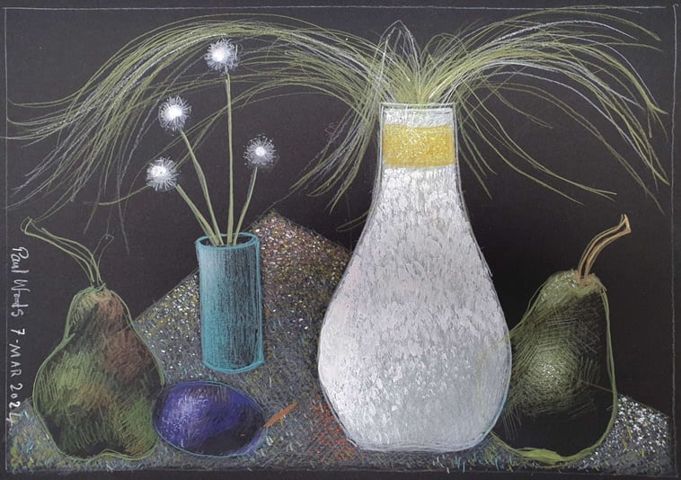 7 White Vase with Blue Vase, 2 Pears and a Plum 7 Mar 2024 DETATCHED FROM BINDER