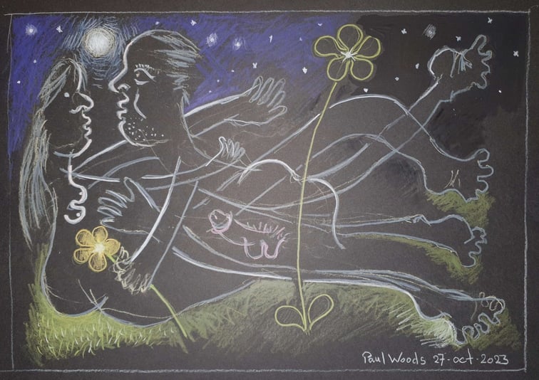 31 Lovers at Night on the Grass with Flowers and Moon