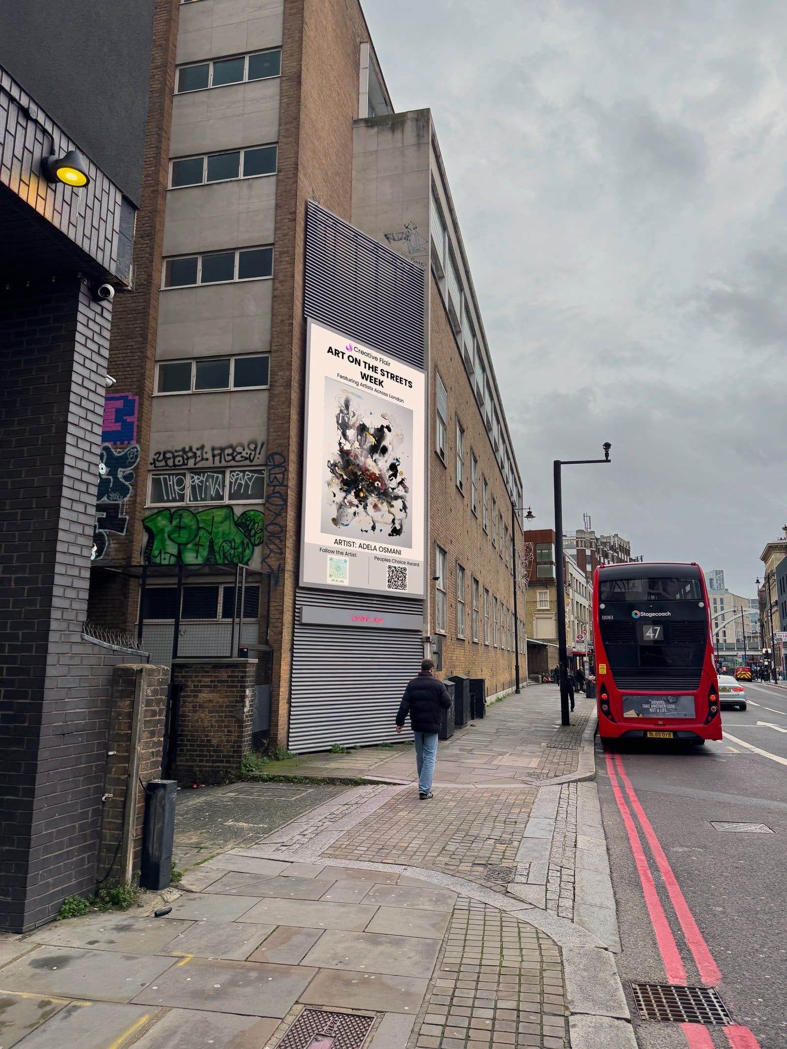 Adela Osmani artwork displayed on a London billboard with red bus passing - The Public Canvas art billboard programme