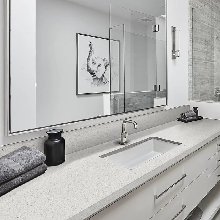 Classico agglomerate marble on countertop, Haisa Blue 12 x 24 marble tile on the shower wall & Italian Basaltina basalt on the shower bench in bathroom.