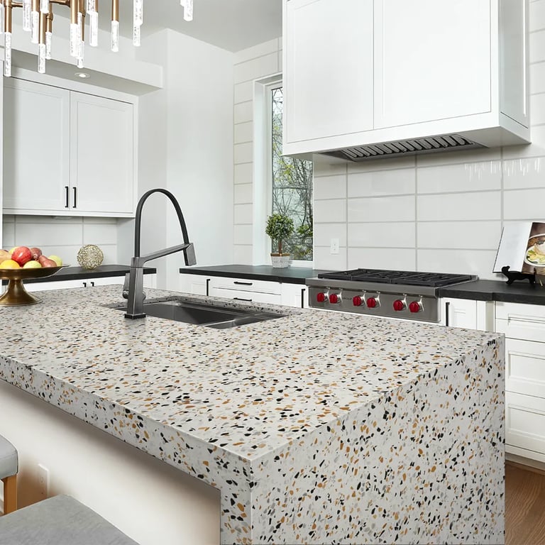 Regium agglomerate marble on waterfall island countertop, Indian Premium Black Satin granite on back countertop) & Vetri Bianco 4 x 12 rectified glazed porcelain tile on backsplash in kitchen.