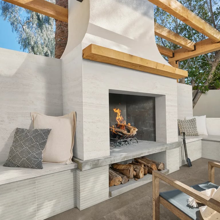 DT-Travertino Bone Matte (walls, bench, fireplace surround), Canyon Ivory Straight Stack 1 x 24 Mesh (bench front), Canyon Brown 24 x 48 R11 Finish (floor)