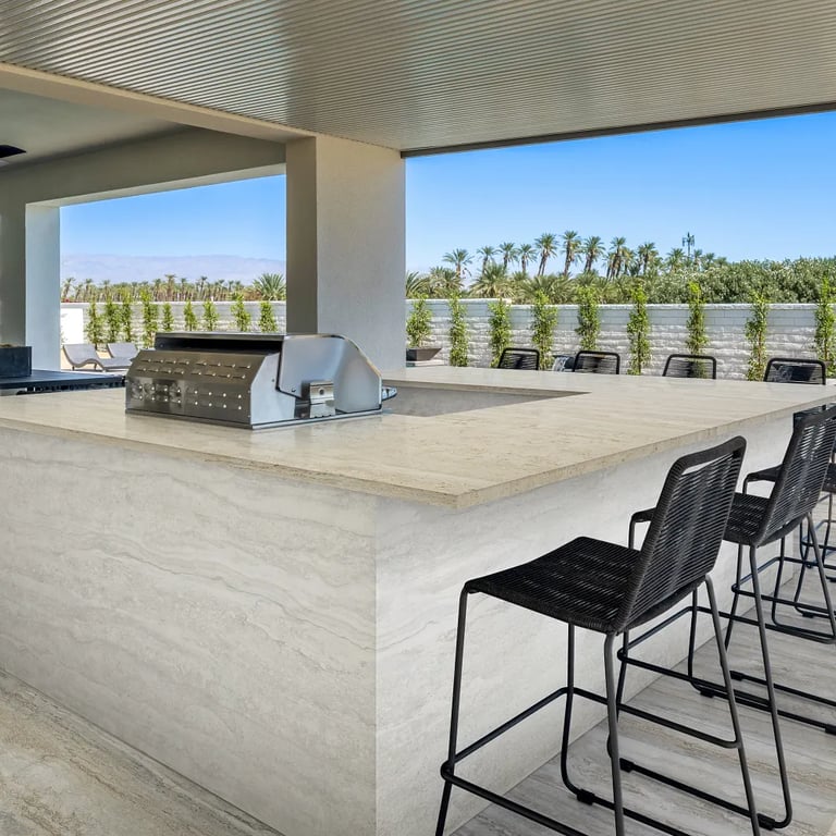 DT-Travertino Honey Matte (countertop), DT-Travertino White Matte (island surround) & Invictus Pearl Vein Cut R11 FInish (floor)