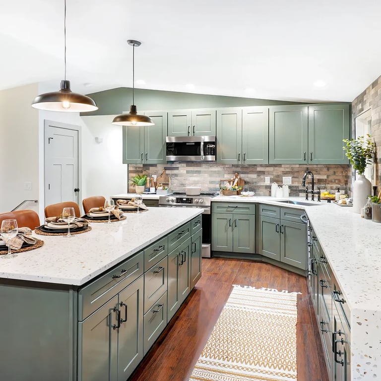 Aerial Quartz on countertop and kitchen island & Castle Brick Brown 2-1/2 x 10 porcelain tile on backsplash in kitchen.