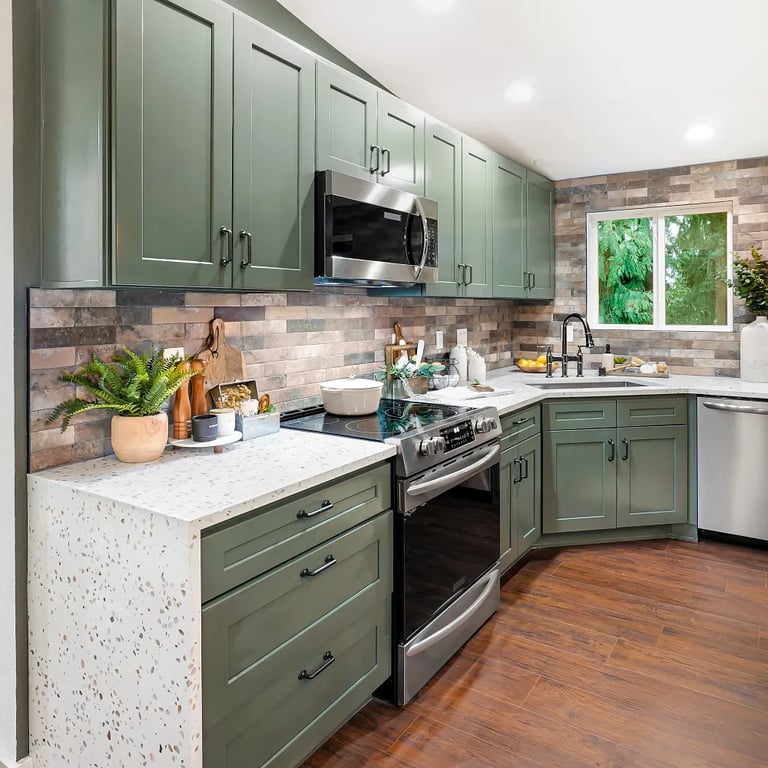 Aerial Quartz on countertop) & Castle Brick Brown 2-1/2 x 10 porcelain tile on backsplash in kitchen.