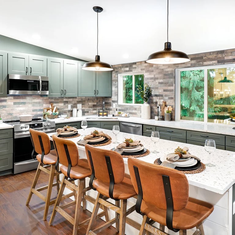 Aerial Quartz on countertop and kitchen island & Castle Brick Brown 2-1/2 x 10 porcelain tile on backsplash in kitchen.