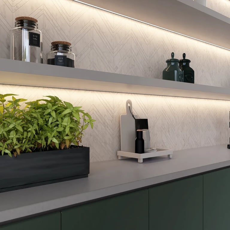 Crest Quartz countertops & CS-Calacatta Gris Honed Chevron marble backsplash in kitchen.