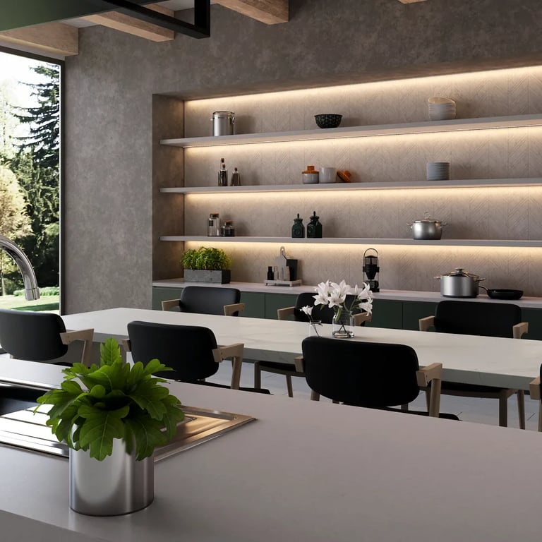 Crest Quartz countertops, Maxim Quartz dining table, Alpi Chiaro 8 x 48 porcelain floor & CS-Calacatta Gris Honed Chevron marble tile backsplash in commercial kitchen.