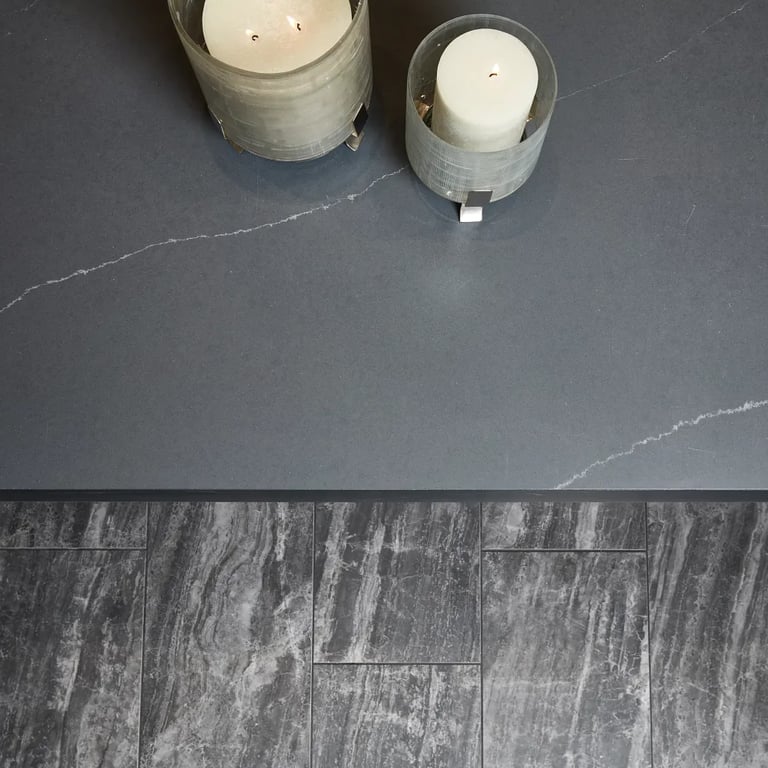 Grigio Elegante Honed (counter), Cosmic Black 12 x 24 (floor)