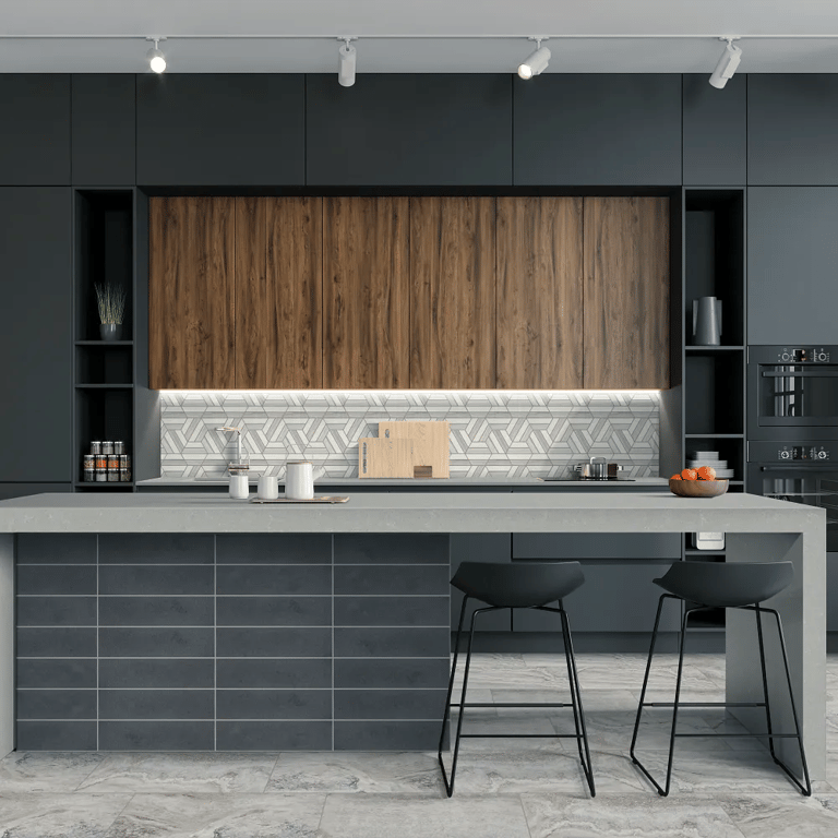 Oxide Honed Quartz (waterfall kitchen island), Prism Crema/Sky Honed Mesh (backsplash), Basalt 4 x 16 (kitchen island) & Trav Grey Matte 12 x 24 (floor)