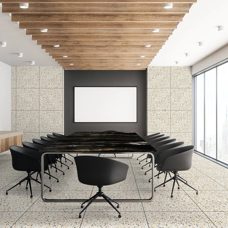 Tawny Quartz on countertop, Vector Agglomerate Marble 24 x 24 on the floor &Titanium Granite on tabletop in commercial board room.