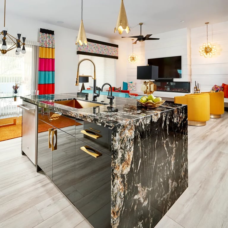 Belvedere Granite on waterfall kitchen island in fun home.
