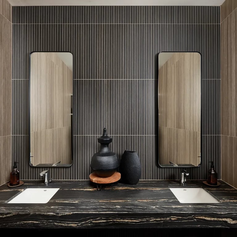 Belvedere Satin Granite (vanity), Shibusa Wenge Porcelain Straight Stack (backsplash), Shibusa Tortora Porcelain Straight Stack (left and right wall) in bathroom