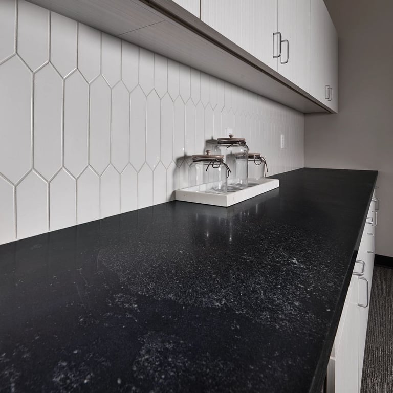 Black Mist Honed (counter) Paloma Cloud Glossy Picket 3 x 12 (backsplash)