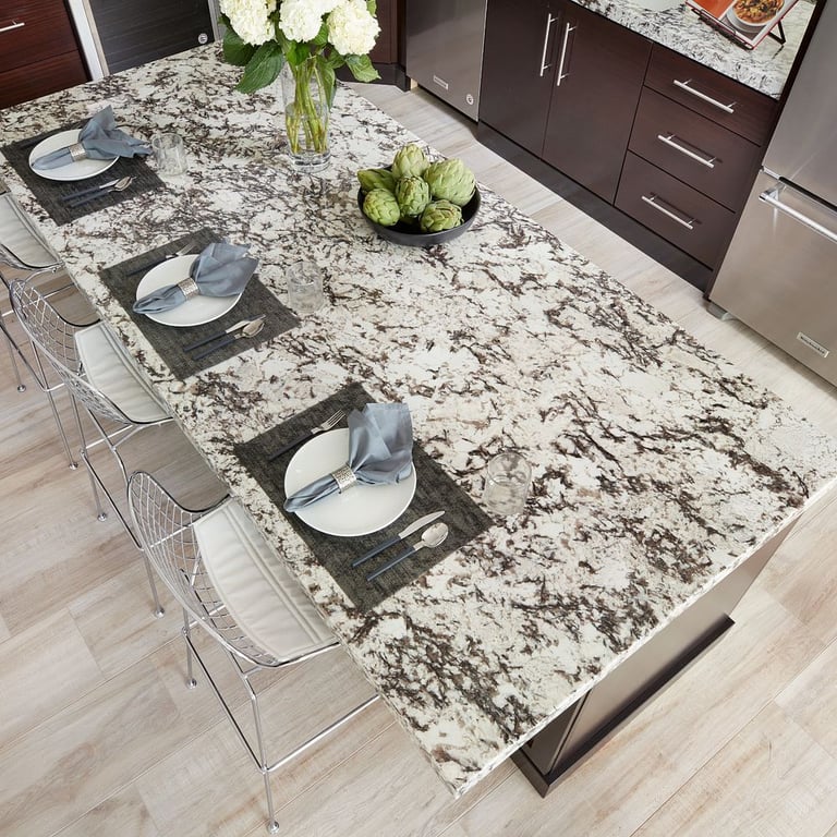 Delicatus White (kitchen island) Aequa Nix 8 x 32 (floor)