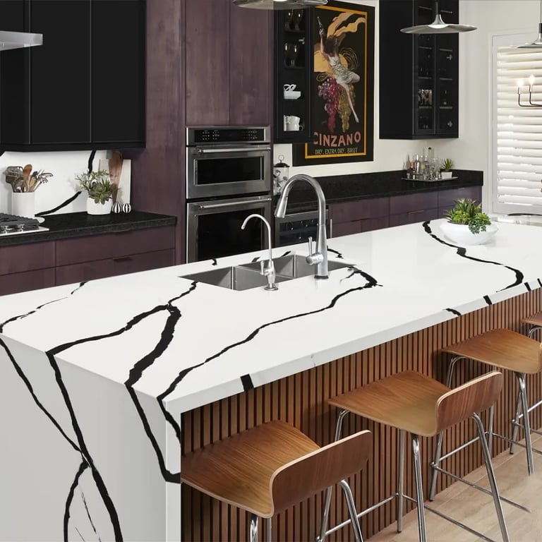 Calacatta Doria (island/backsplash) & Galaxy Black Granite (countertop)