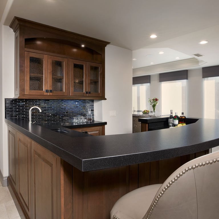 Indian Premium Black Satin (bar top) Crema Vosscione Brushed Lyon Pattern (floor)