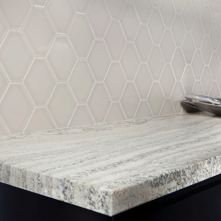 Monte Cristo (counter) & Paloma Pumice Glossy Long Hex 4 x 8