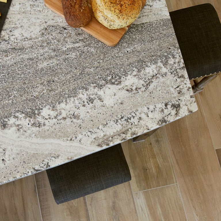 Monte Cristo Satin (counter) & Aequa Silva 12 x 48 (floor)