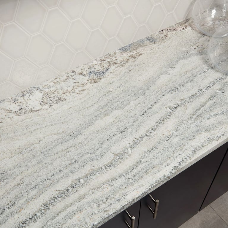 Monte Cristo Satin (counter), Paloma Pumice Glossy Long Hex 4 x 8, Reside Brown USA 12 x 24