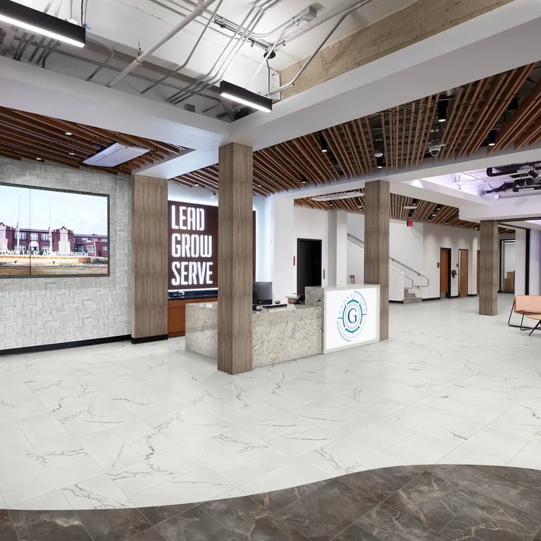 New Romano (desk), Jade Multi Finish Modella Mesh (wall), BA-Cortex Straight Stack 1 x 12 Mesh (pillars) & Marvel Statuario Supremo Matte 12 x 24, Marvel Fior Di Bosco Matte 12 x 24 (floor)