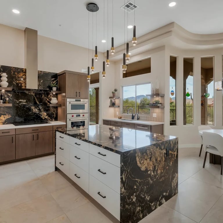 Volcano (island/backsplash), Renoir Quartz (counter) Vetri Bronzo 4 x 12 (backsplash) & Canyon Ivory 24 x 48 (floor)