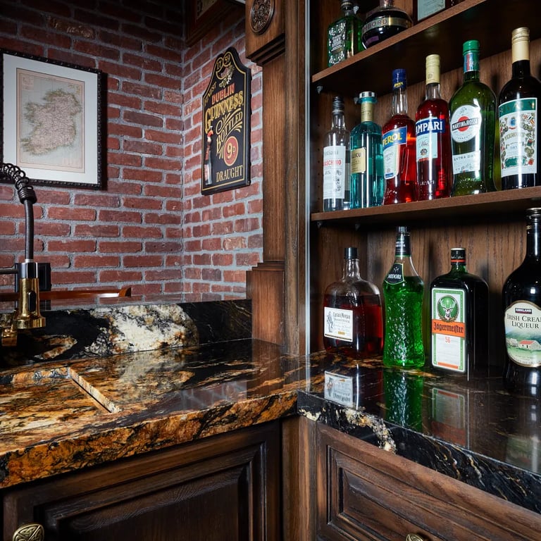 Volcano granite on counters in home bar.