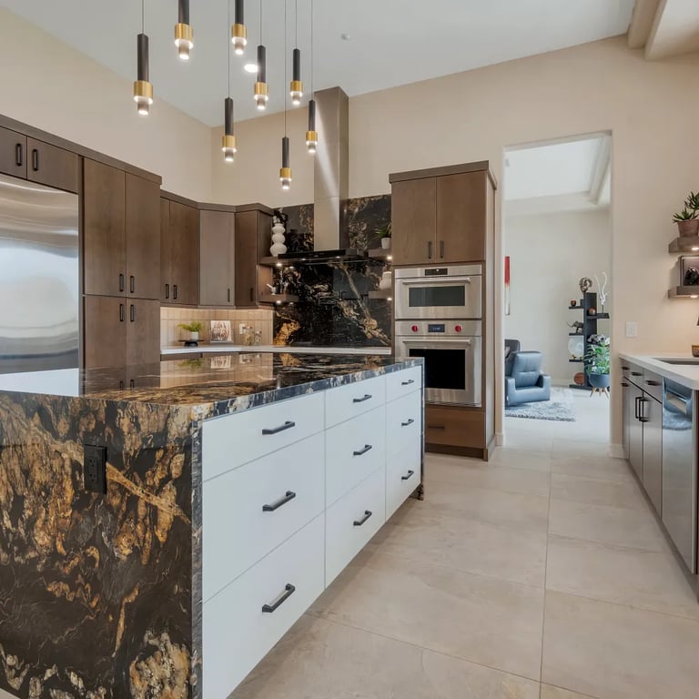 Volcano (island/backsplash), Renoir Quartz (counter) Vetri Bronzo 4 x 12 (backsplash) & Canyon Ivory 24 x 48 (floor)