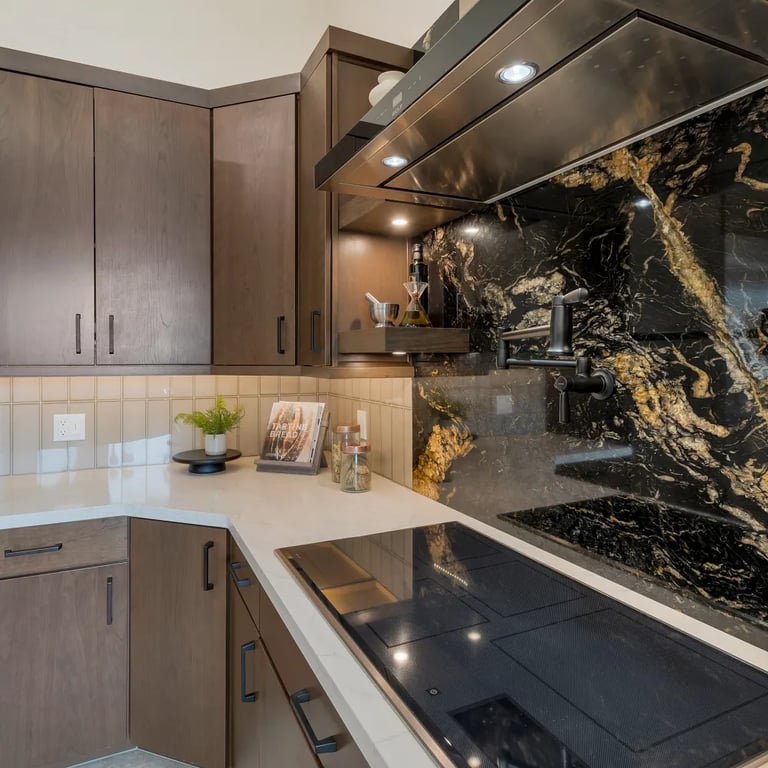 Volcano (island/backsplash), Renoir Quartz (counter) Vetri Bronzo 4 x 12 (backsplash)