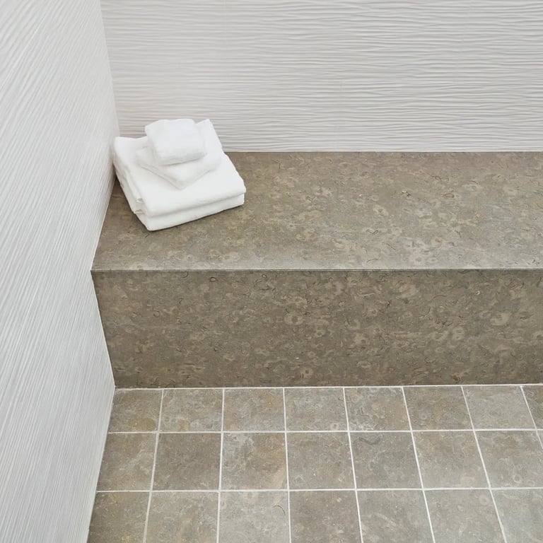 Rocas Azul Slab (bench) & 3D White Wave Matte 12 x 22 (walls)