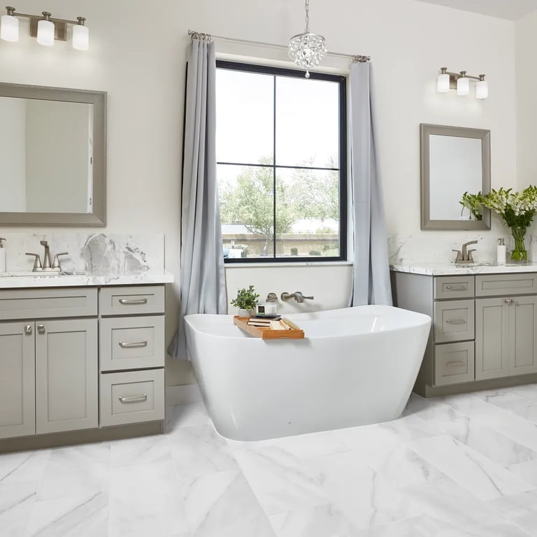 Arabescato Polished Marble (countertops) & Cala Lenci Polished 12 x 24 (floor)