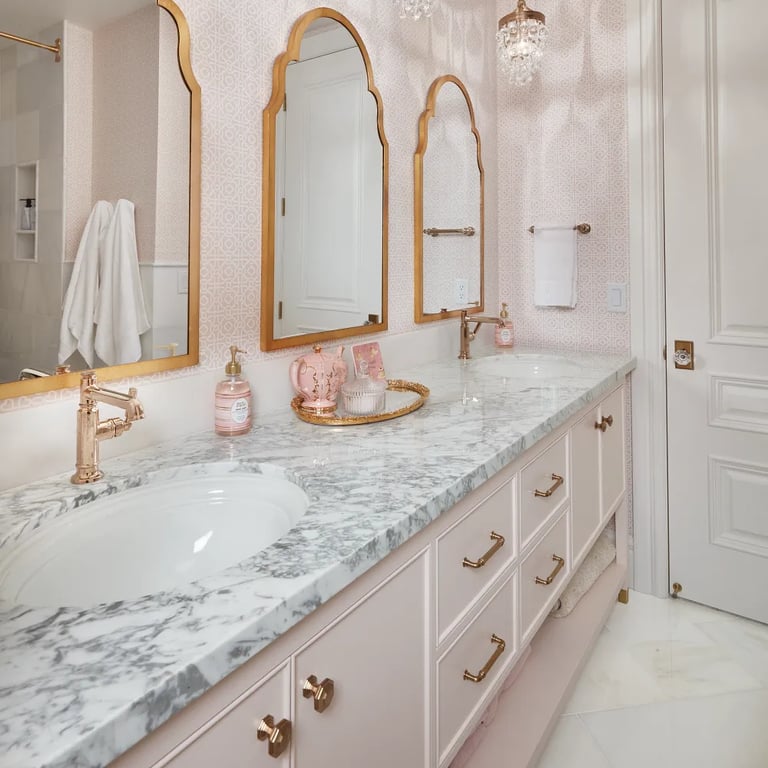 Arabescato Belgia marble on two sink vanity countertop in bathroom.