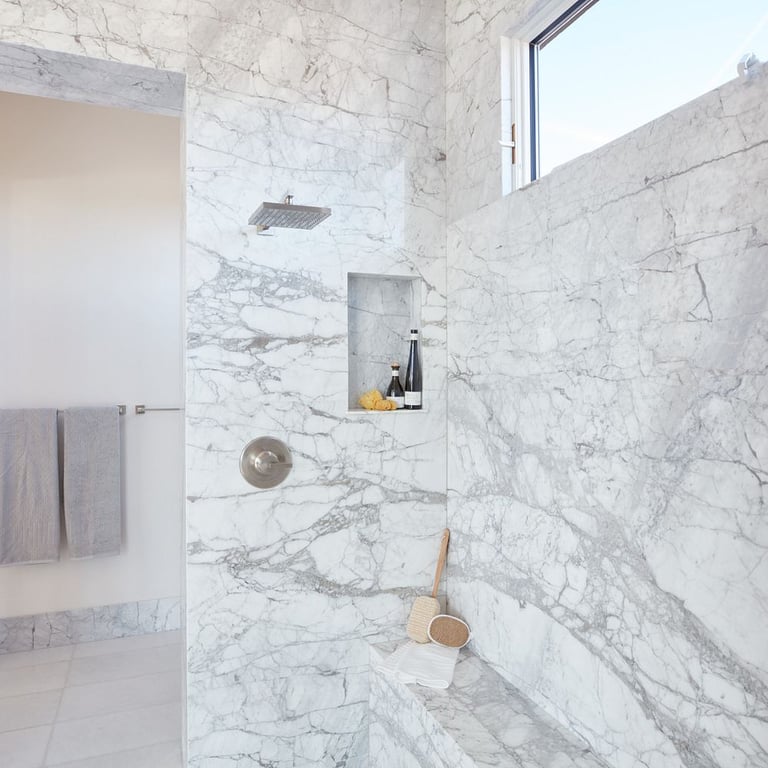 Bianco Venatino Polished (walls) & Thassos Polished 12 x 24 (floor)