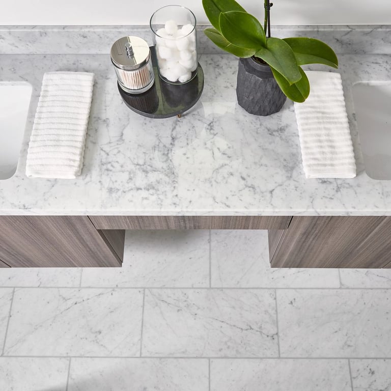 Bianco Venatino Polished (counters) & 12 x 24 (floor)