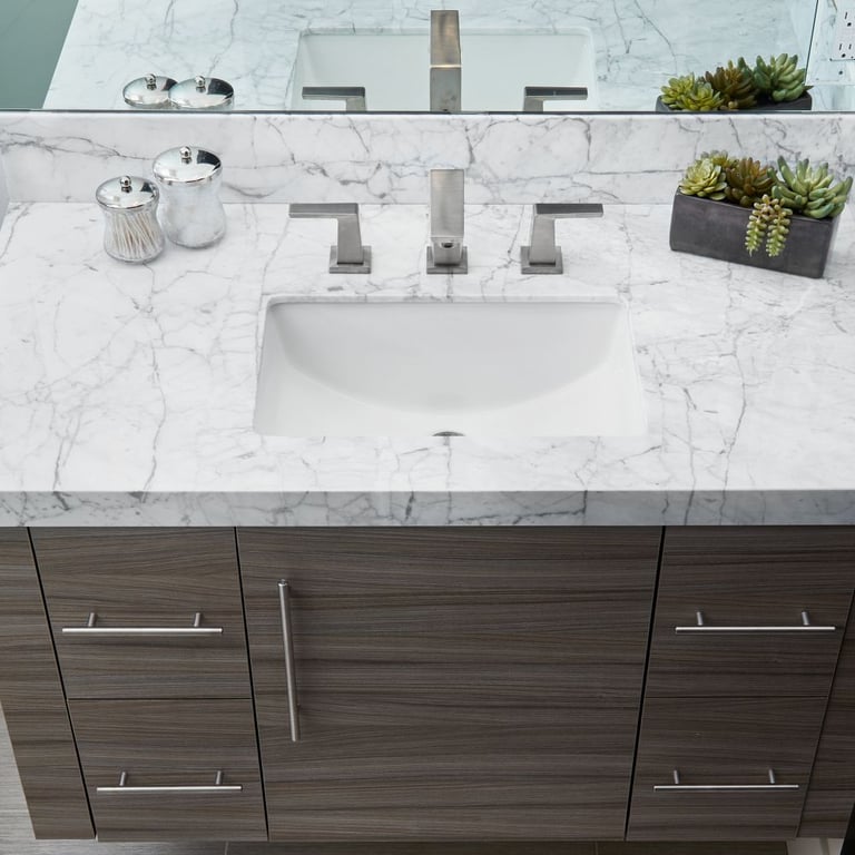 Bianco Venatino Polished (counter) & Metalwood Argento 12 x 24 (floor)